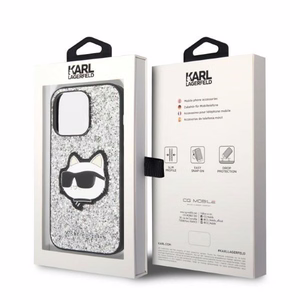 Karl Lagerfeld KLHCP14LG2CPS iPhone 14 Pro 6.1" hopeinen/hopeinen kovakuori Glitter Choupette Patch