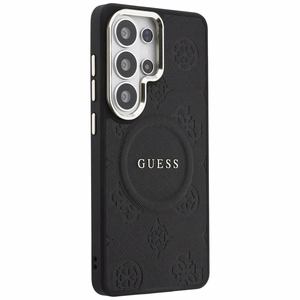 Guess Saffiano Peony Embossed Ring MagSafe -suojakuori Samsung Galaxy S26 Ultralle musta