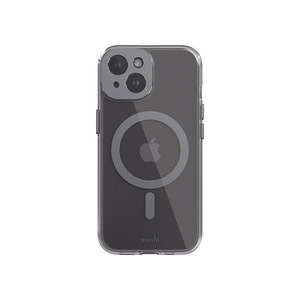 Moshi iGlaze MagSafe suojakuori iPhone 15 -laitteelle, läpinäkyvä Meteorite Gray -yksityiskohdilla