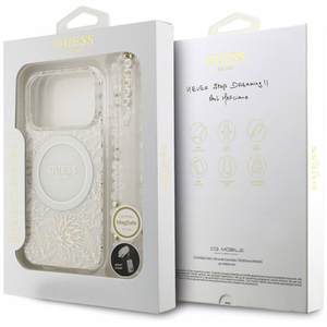Guess IML Flowers Allover Electroplated MagSafe suojakuori helminauhalla mallille iPhone 18 Pro / 17 Pro – väri: valkoinen