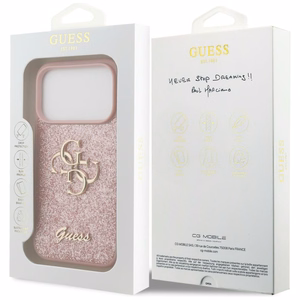 Guess PU Fixed Glitter 4G Metal Logo -kuori Apple iPhone 18 Pro -puhelimelle, vaaleanpunainen