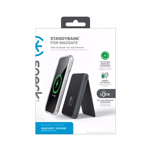 Speck StandyBank + ClickLock 5 000 mAh:n magneettinen varavirtalähde jalustalla, jopa 15 W:n langaton lataus, MagSafe-yhteensopiva, musta