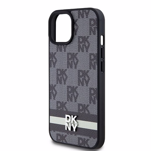 DKNY Nahkainen Checkered Mono Pattern & Printed Stripes Suojakuori iPhone 15/14/13:lle - musta