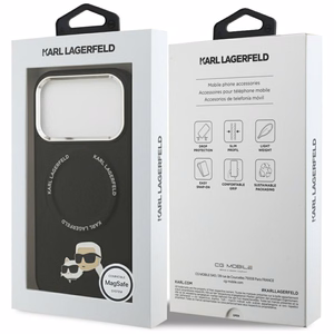 Karl Lagerfeld MagSafe PU Suojakuori Karl&Choupette Pins -logolla ja metallikamerapainikkeilla iPhone 17 Pro Max:lle - Musta