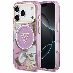 Guess IML Glitter Flowers Triangle MagSafe suojakuori mallille iPhone 17 Pro / 18 Pro – violetti