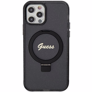 Guess Ring Stand Script Glitter MagSafe -suojakuori iPhone 12/12 Prolle - musta