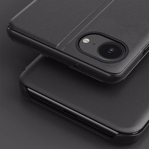 Eco Leather View Case, tyylikäs suojakuori läpällä ja jalustalla iPhone 16e / 17e:lle - musta