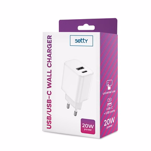 Setty charger 1x USB + USB-C 3A 20W white