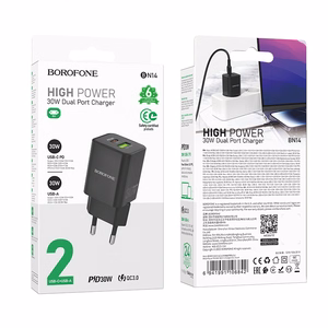 Borofone Wall charger BN14 Royal GaN - USB + Type C - QC 3.0 PD 30W black