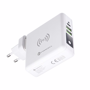 Monitoimilaturi Forcell F-Energy 4in1 2 x USB A + USB C 15W + Varavirtalähde 8000mAh + langaton lataus valkoinen