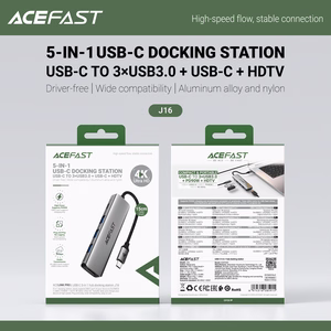 Acefast J16 USB Hub USB-C 5-in-1 HDMI 4K 60Hz PD90W Docking Station - Gray