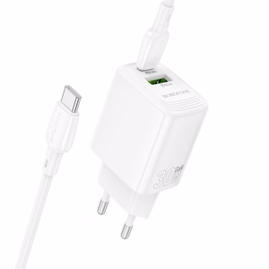 Borofone Wall charger BN29 Fuente - USB + Type C - QC 3.0 PD 30W with Type C to Type C cable white