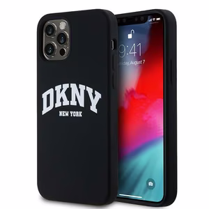 DKNY Liquid Silikoninen White Printed Logo MagSafe Suojakuori iPhone 12/12 Pro:lle - musta