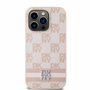 DKNY Nahkainen Checkered Mono Pattern & Printed Stripes Suojakuori iPhone 14 Pro:lle - vaaleanpunainen