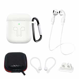 AirPods 2 / AirPods 1 silikoninen Suojakuori -setti + Suojakuori / korvakoukku / kaulahihna / kellohihnakiinnike / karabiinihaka - valkoinen