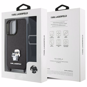 Karl Lagerfeld Saffiano Karl&Choupette Metal Pin CBDY hihna suojakuori iPhone 16:lle - musta