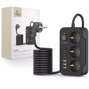 Tech-Protect PC3X6 Virtariba 3 Pistoketta 240V + 3xUSB-A + 3xUSB-C 200cm Musta