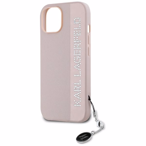 Karl Lagerfeld Saffiano Rhinestones & Charm Suojakuori iPhone 15 / 14 / 13:lle - vaaleanpunainen