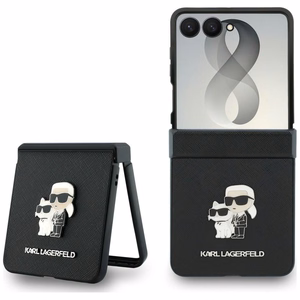 Musta Karl Lagerfeld Saffiano Karl & Choupette Pin -suojakuori Samsung Galaxy Z Flip8 -puhelimelle