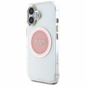 Guess IML Metal Colored Circle Classic Logo MagSafe Suojakuori iPhone 16:lle - vaaleanpunainen