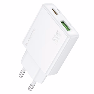 Borofone Seinälaturi BN25 Wish (Ultra Thin) - USB + Type C - PD QC 3.0 30W valkoinen
