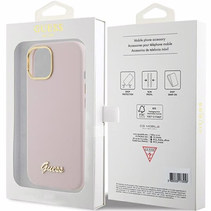 Guess Silicone Script Metal Logo & Frame suojakuori iPhone 15:lle - vaaleanpunainen