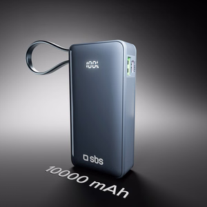 Powerbank SBS 10000 mAh 20W with built-in USB-C cable and digital display - dark gray