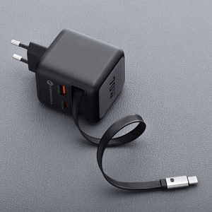 Puhelinlaturi Forcell F-Energy GaN USB C + USB A + sisäänvedettävä USB C PD QC4.0 3A 70W VT-R7 kaapeli harmaa
