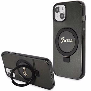 Guess Ring Stand Script Glitter MagSafe -suojakuori iPhone 14 / 15 / 13:lle - musta