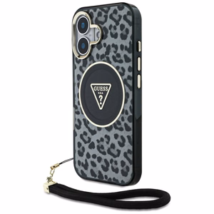 Guess HC IML Leopard Triangle Cord Strap MagSafe Suojakuori iPhone 16:lle - musta