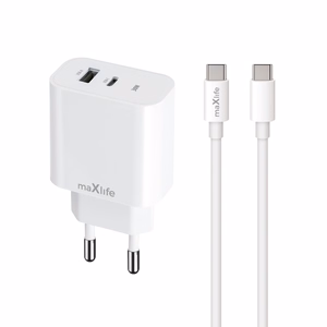 Maxlife MXTC-06-30AC PD QC charger 1x USB-C 1x USB 30W white + USB-C - USB-C cable 60W