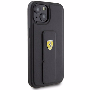 Ferrari Grip Stand Metal Logo Suojakuori iPhone 15:lle - musta