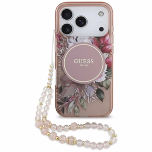 Guess IML Flowers Pearl Strap MagSafe suojakuori iPhone 17 Pro - pinkki