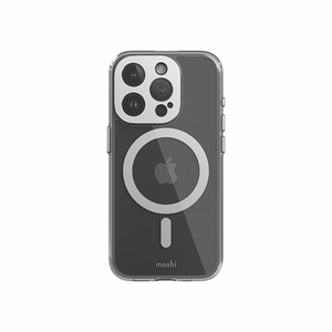 Moshi iGlaze MagSafe suojakuori iPhone 15 Pro -laitteelle, läpinäkyvä Luna Silver -yksityiskohdilla