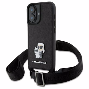 Karl Lagerfeld Saffiano Karl&Choupette Metal Pin CBDY hihna suojakuori iPhone 16:lle - musta
