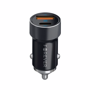 Forever CC-06 PD QC autolaturi 1x USB-C 1x USB 20W musta + USB-C - USB-C -kaapeli 60W
