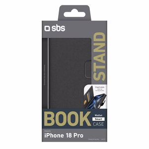 SBS Wallet Smart suojakuori mallille iPhone 18 Pro, lompakolla ja jalustalla – musta
