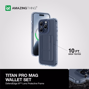Amazing Thing Titan Pro Mag Lompakkokuori 10FT IP156.7PTWBU iPhone 15 Pro Max:lle laivastonsininen jalustalla