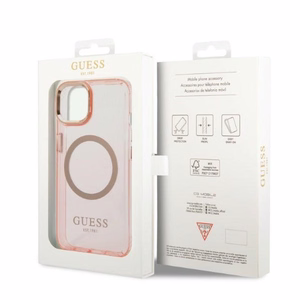 Guess GUHMP14MHTCMP iPhone 14 Plus 6.7 vaaleanpunainen/vaaleanpunainen kova suojakuori Gold Outline läpinäkyvä MagSafe