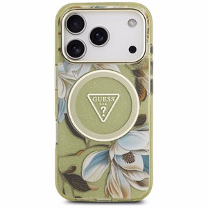 GUESS IML Glitter Flowers Triangle MagSafe -suojakuori iPhone 17 Pro Max - vihreä