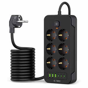 Tech-Protect PC6X6 Jatkojohto 6 Pistoketta 240V + 3xUSB-A + 3xUSB-C 200cm Musta
