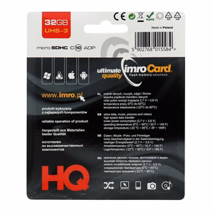 IMRO muistikortti microSD 32GB 100MB/s class 10 UHS 3 SD-sovittimella