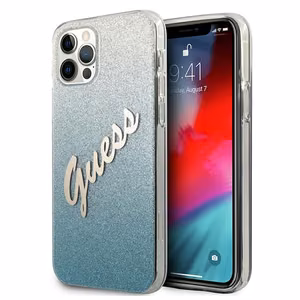 Guess tapauksessa iPhone 12 / 12 Pro 6,1" GUHCP12MPCUGLSBL sininen kova tapaus Glitter Gradient Script