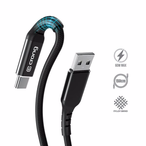Crong Armor Link USB-A–USB-C -kaapeli, 1.5 m, 60 W / 3 A, musta