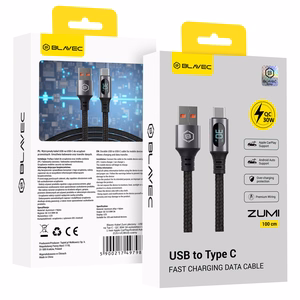 Blavec Zumi punottu kaapeli – USB–Type C – QC 30W 3A, LCD-näyttö, 1 m, Apple CarPlay/Android Auto (CZU-UC3B10), musta