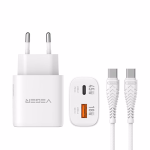 Puhelinlaturi VEGER USB A + Type C PD Super Charge PPS 45W + datakaapeli Type C C 100W TR101 valkoinen
