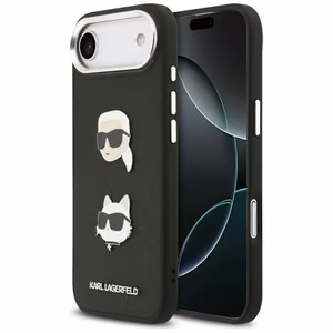 Karl Lagerfeld FW Grained Karl & Choupette Heads Pins & Logo suojakuori iPhone Air:lle musta