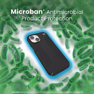 Speck Presidio2 Grip MagSafe suojakuori iPhone 17e / 16e / 15 / 14 / 13 -laitteelle, musta liuskeenharmailla yksityiskohdilla