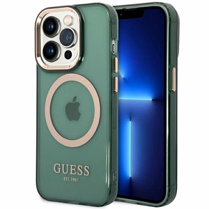 Guess GUHMP14LHTCMA iPhone 14 Pro 6.1" vihreä/khaki kovakotelo kultaääriviiva läpinäkyvä MagSafe