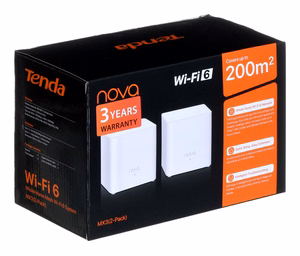 Tenda MX3 (2-pack) AX1500 kaksitaajuuksinen (2,4 GHz/5 GHz) Wi-Fi 6 (802.11ax) Mesh -järjestelmä, 1 LAN-portti, sisäiset antennit, valkoinen